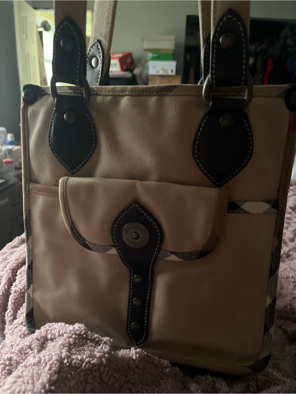 Burberry Beige Canvas Tote with Dark Brown Leather Trim